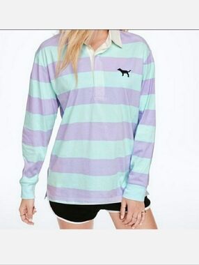 VS PINK Vtg Polo Rugby Striped Pastel Purple Blue Long Sleeve Collar Shirt Small